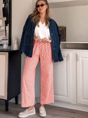 Retro Picnic Core Gingham Wide Leg Pants Flowy Orange‎ White Check